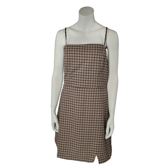 GB Junior Girls XL Plaid Jumper Square Neck Notch Front Brown and Pink Dress New - Picture 1 of 5